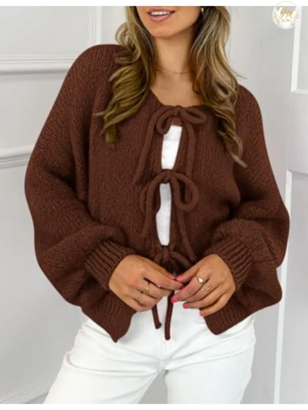 Women's Tie Front Bow Cardigan, Puff Sleeve Cable Knit Open Front Sweater